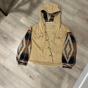 BKE Tan Hooded Jacket with Patterned Sleeves